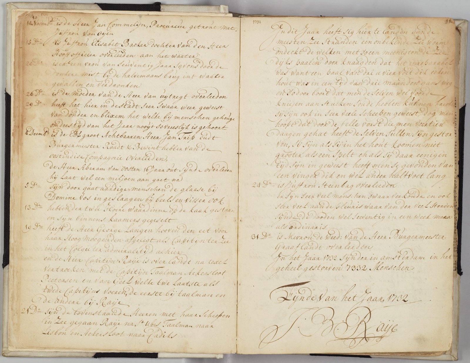 Handgeschreven dagboekfragment van Jacob Bicker Raye uit 1732.